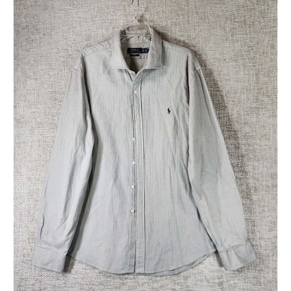 Polo Ralph Lauren Slim Fit Flannel Shirt Herringbone Mens 2XL Greige Pony EUC